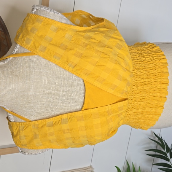 Anthropologie Maeve Yellow Gingham Smocked Halter Neck Plunge Tank Size Large - Picture 2 of 11